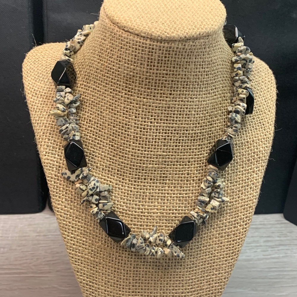 Dalmatian Jasper Chip Necklace Black Faceted Geometric Bead Statement 16" 5586